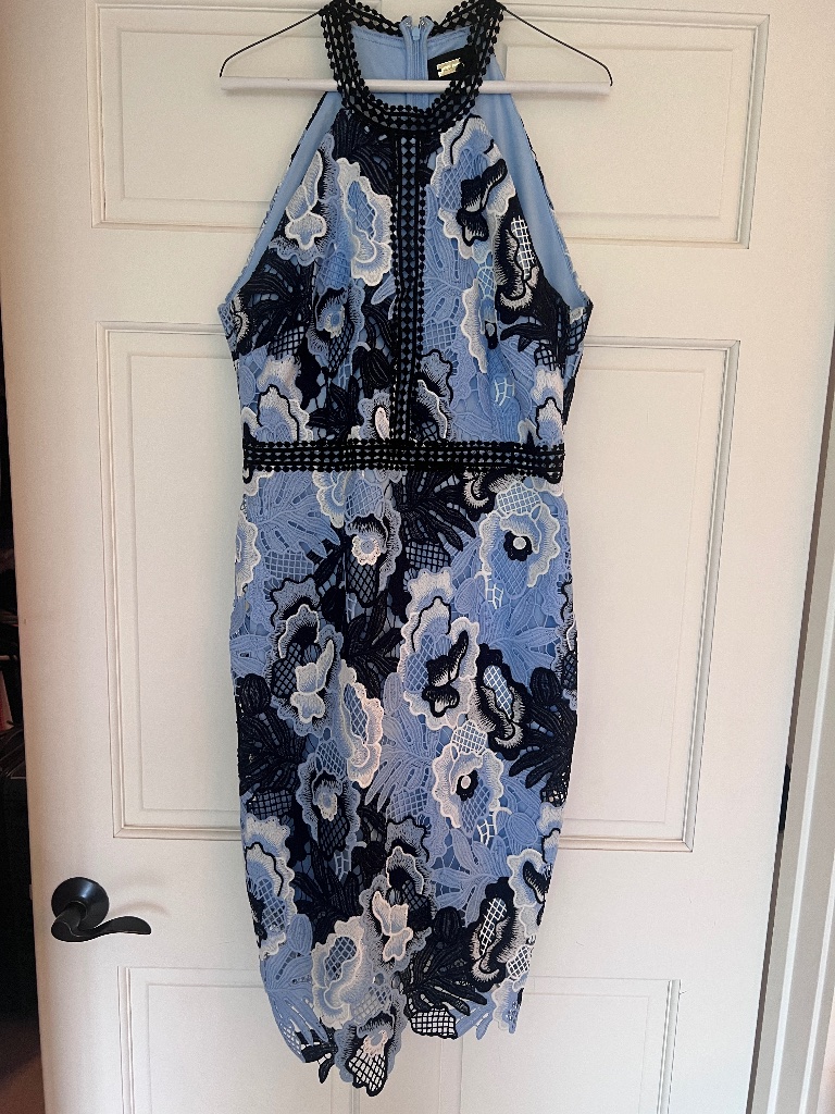 Alexia Admor Blue Floral Embroidered Sleeveless Midi Sheath Dress.